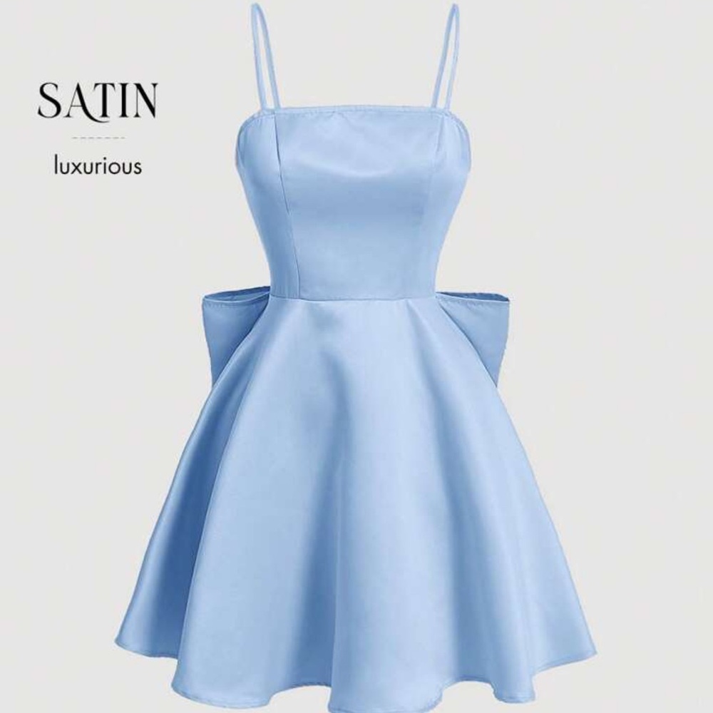 1X SHEIN MOD Satin Blue Bow Bowknot Spaghetti Strap Dress Pastel Plus Size Curve